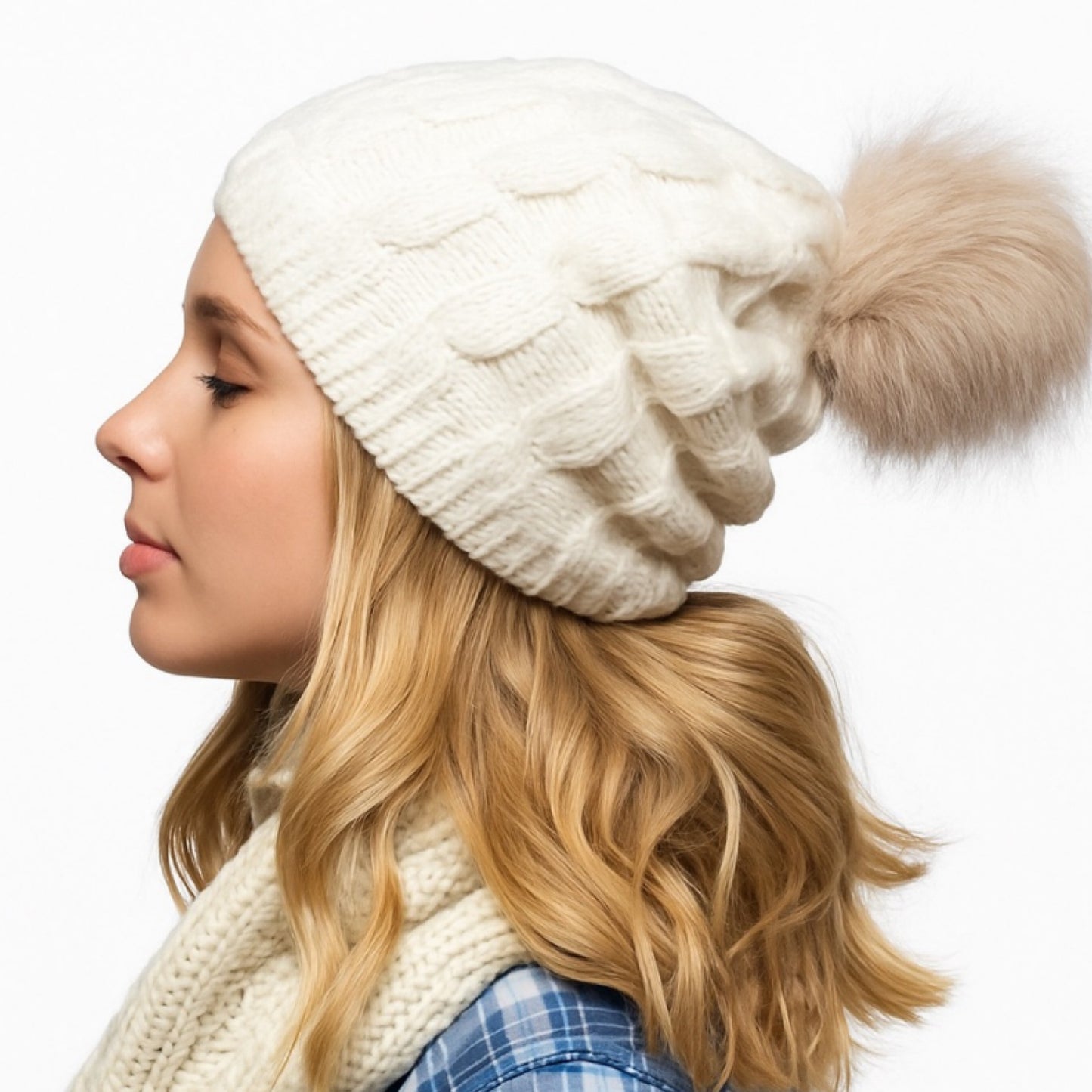 Super Soft Chenille Beanie Hat | White Cable Knit Ribbed Hem | One Size