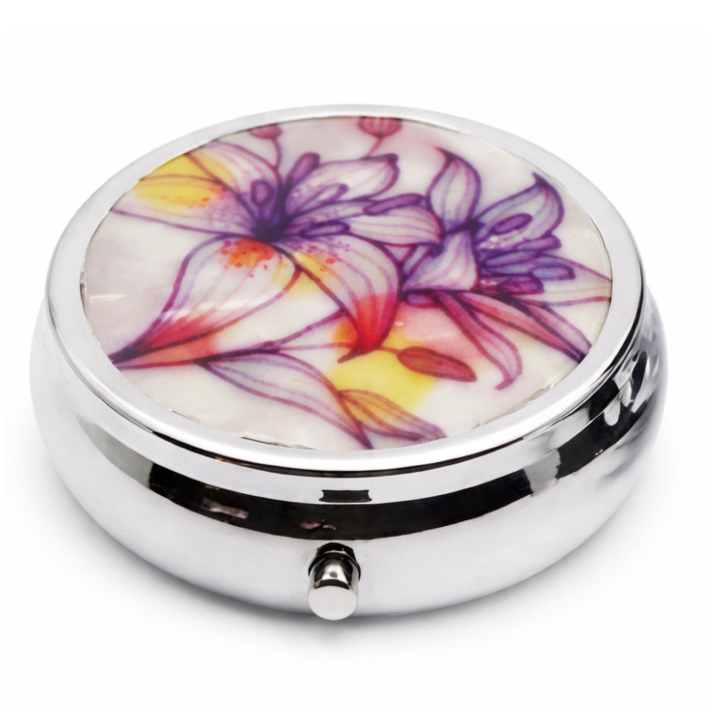 Floral Lily Pill Box – 3 Compartment Silver Travel Organizer