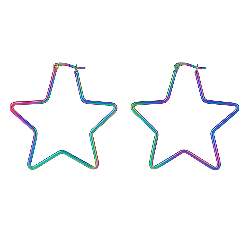 Iridescent Rainbow Oil Slick Star Hoop Earrings