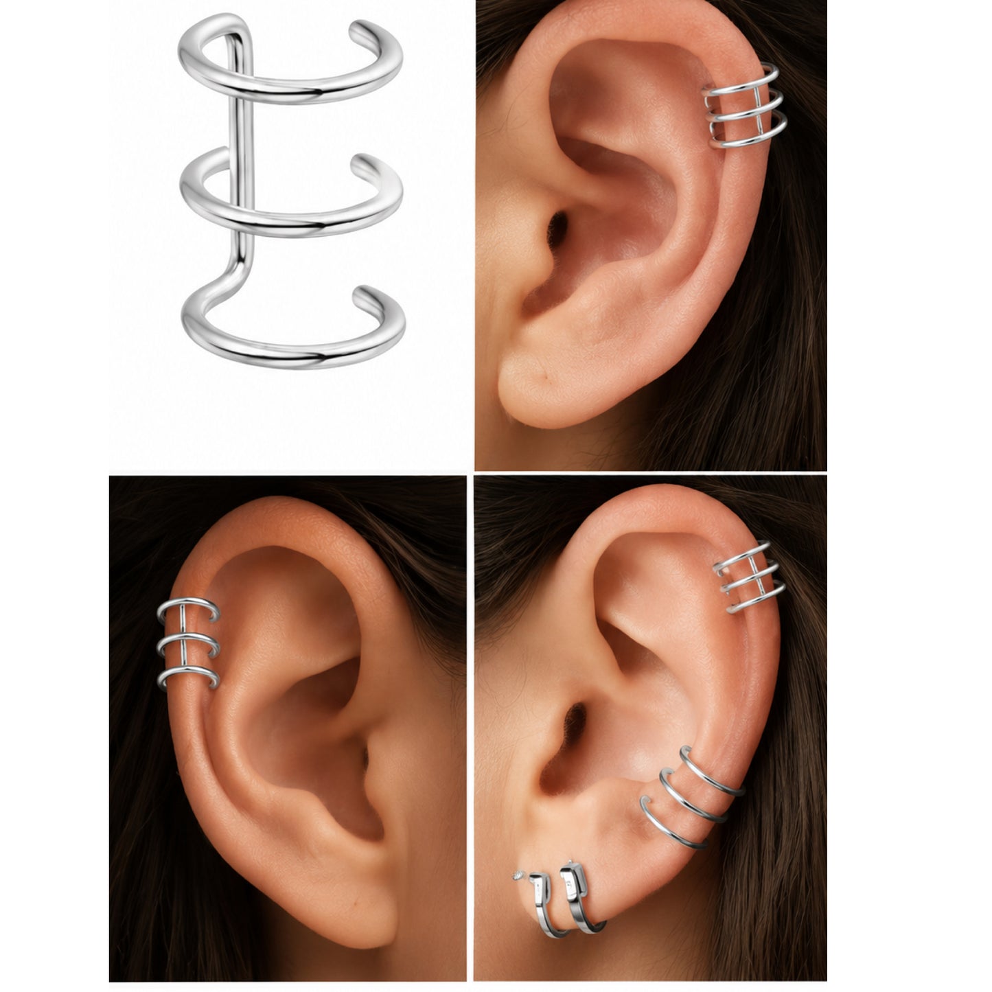 Stainless Steel Triple Hoop Clip On Ear Cuff