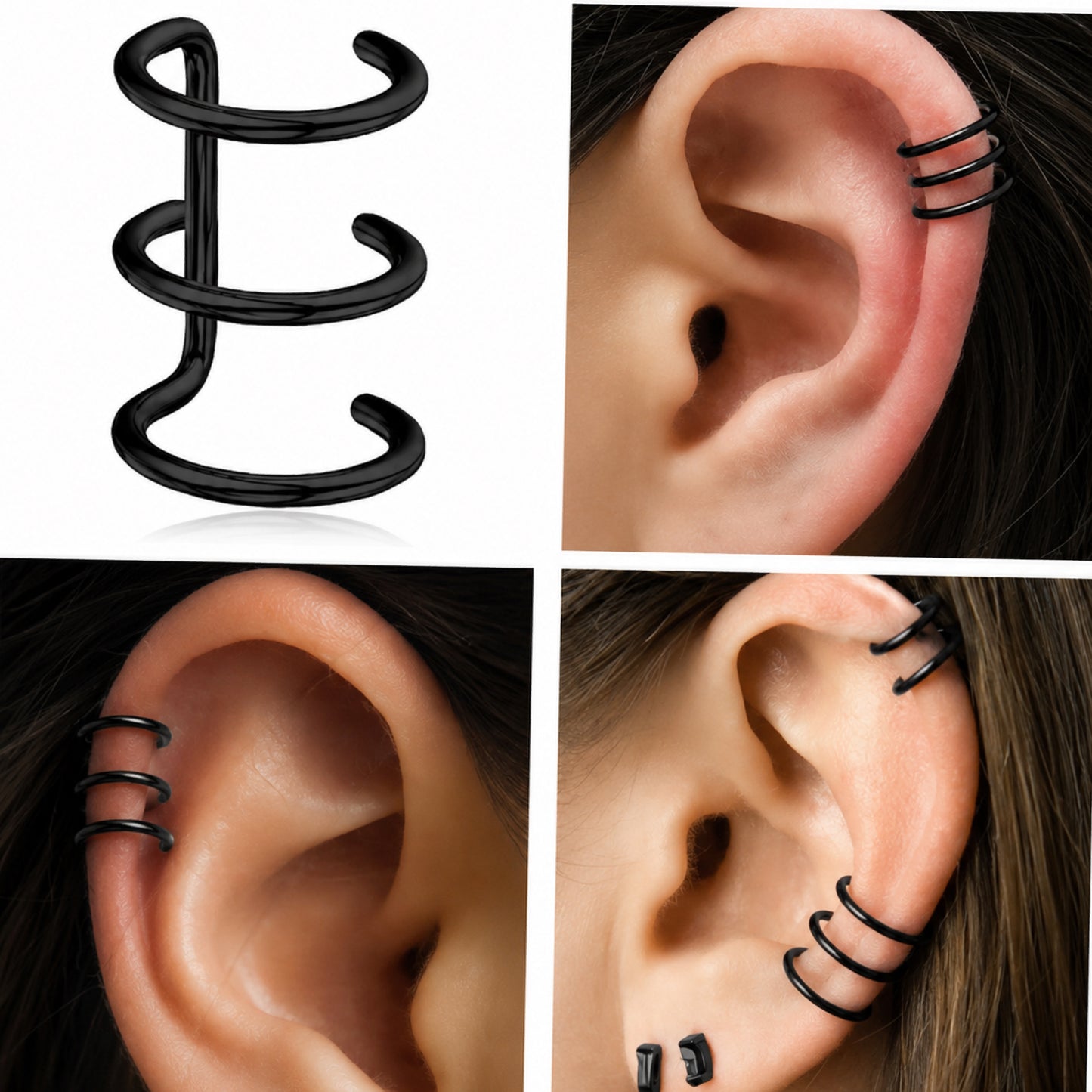 Black Triple Clip-On Ear Cuff