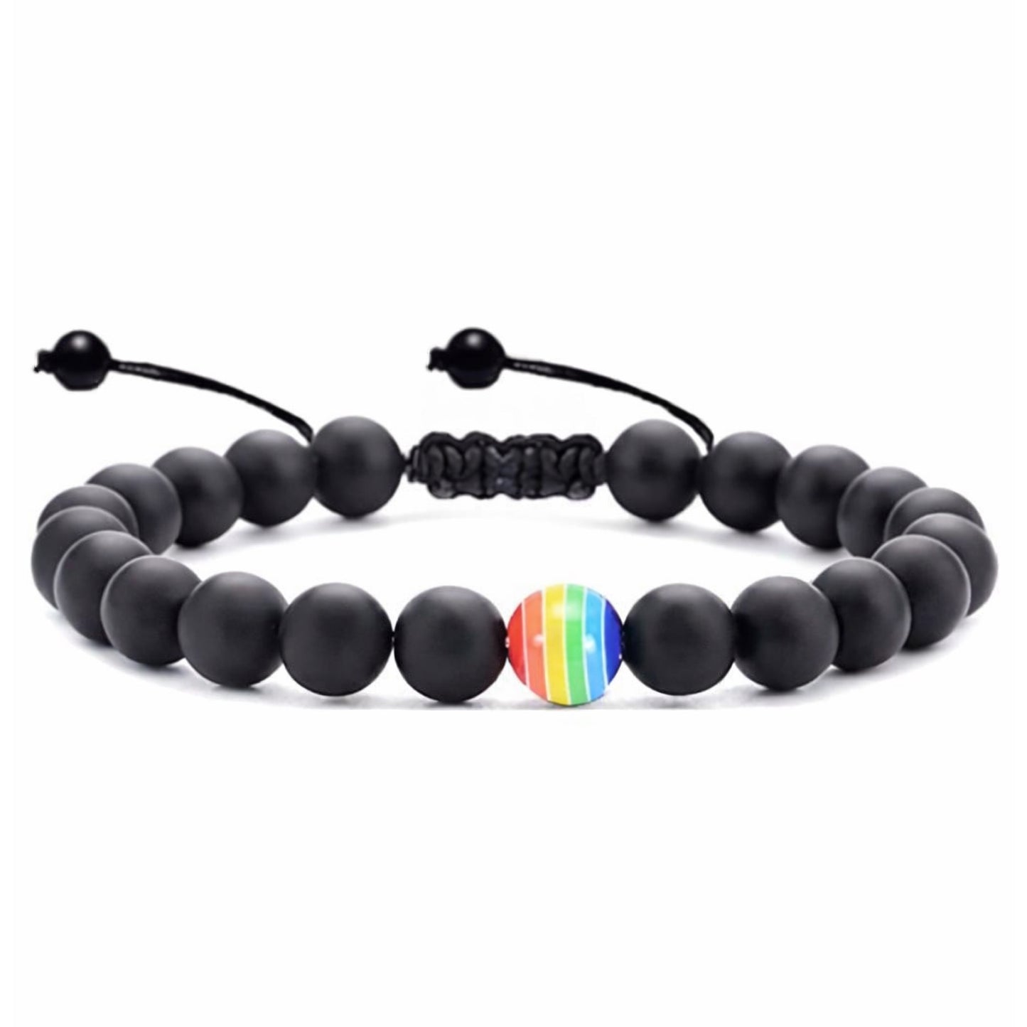 Black Matte Beaded Adjustable Bracelet with Rainbow Accent