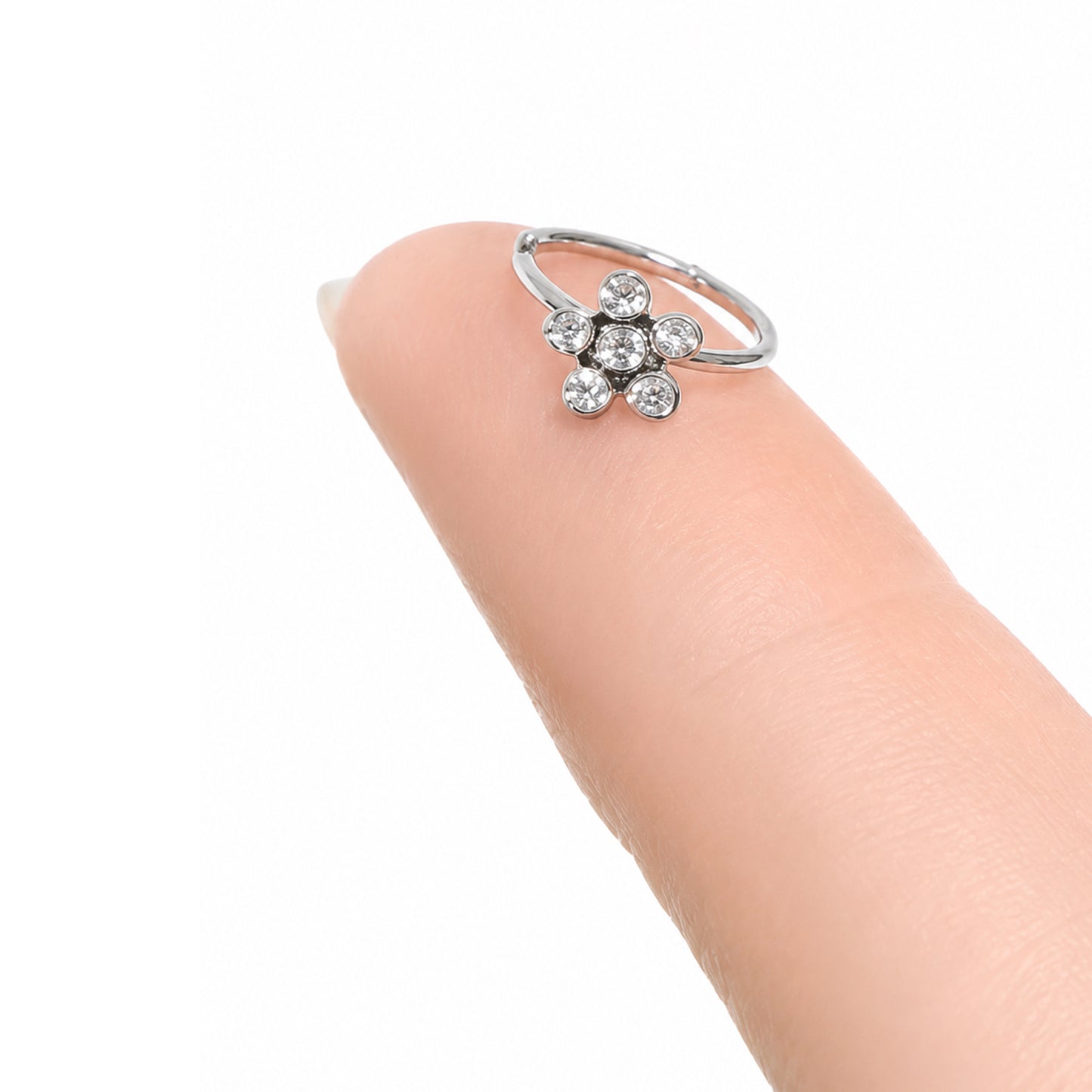 Flower CZ Fixed Hoop Nose Ring