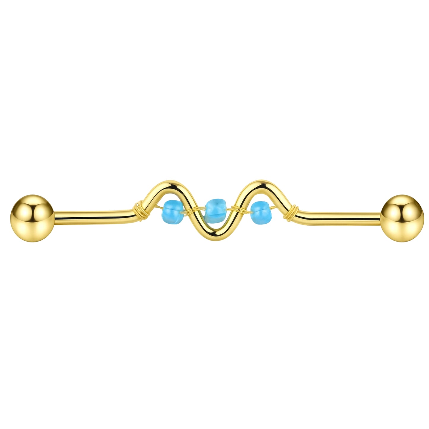 18k Gold Wavy Industrial Barbell with Blue Beads – Surgical Steel