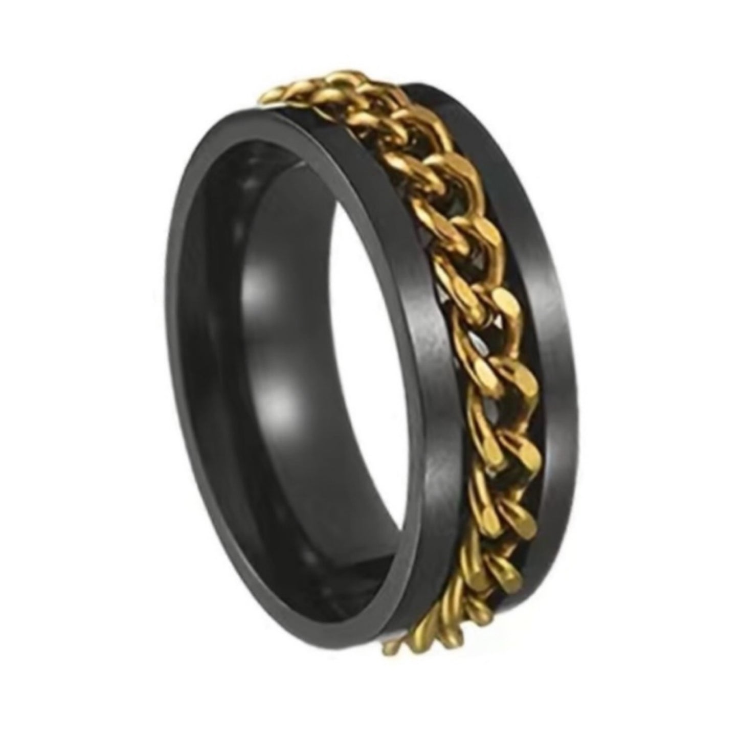 Black Stainless Steel Spinner Ring with Gold Chain Inlay