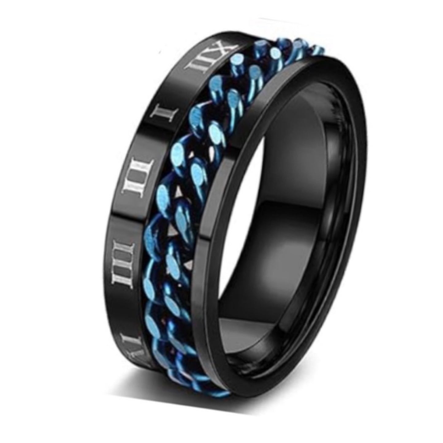 Black Stainless Steel Roman Numeral Blue Chain Spinner Ring