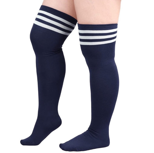 Plus Size Navy Blue White Striped Over the Knee Thigh High Socks