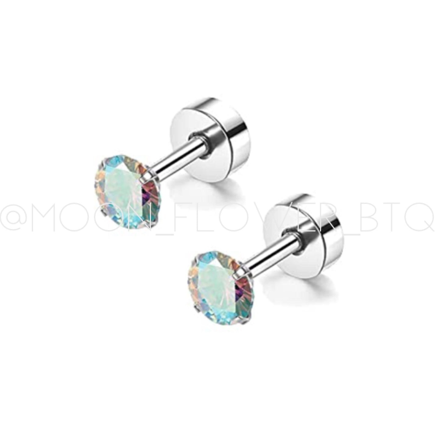 Iridescent CZ Flat Back Earrings | 20G Stainless Steel Hypoallergenic Studs
