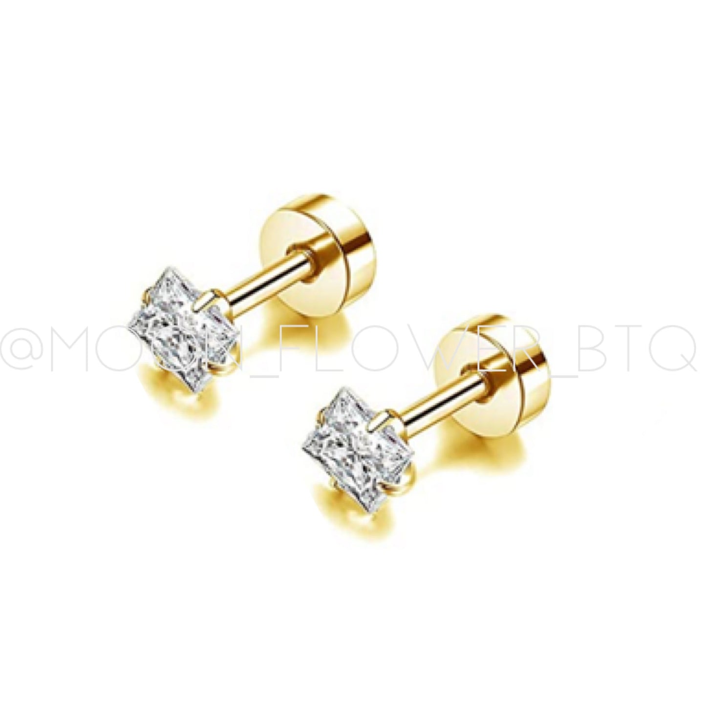Tiny 4mm Square Clear CZ Flat Back Earring – 18K Gold Plated Surgical Steel