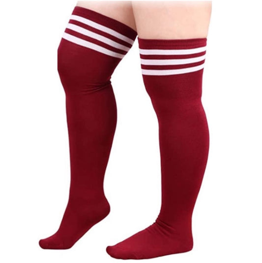 Plus Size Burgundy White Striped Over the Knee Thigh High Socks