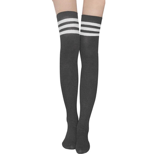 Charcoal Gray White Striped Over the Knee Thigh High Socks