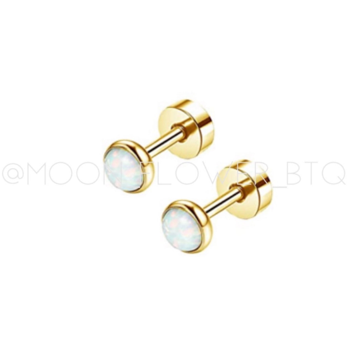 Tiny 3mm Opal Flat Back Earrings 18k Gold Surgical Steel
