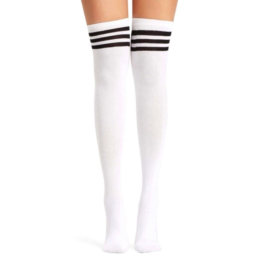 White Extra Long Thigh High Socks – Black Stripe Over the Knee