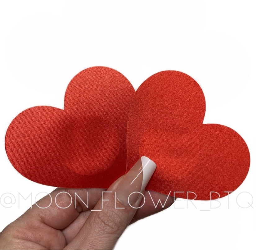 Red Satin Heart Nipple Pasties | Smooth Adhesive Festival Rave Clubwear