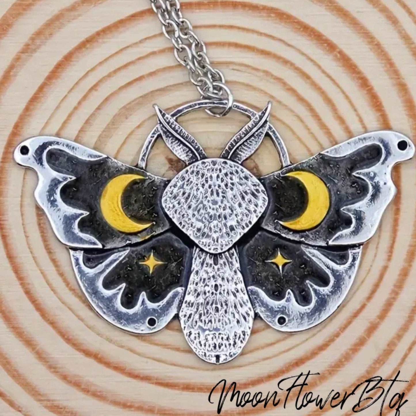 Silver Goth Moth Moon Star Pendant Necklace