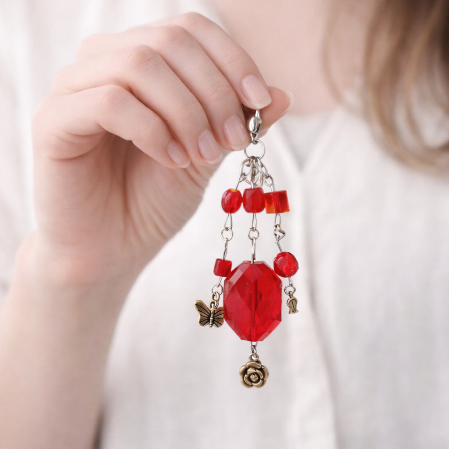 Red Crystal Beaded Charm - Keychain Bag Charm Zipper Pull