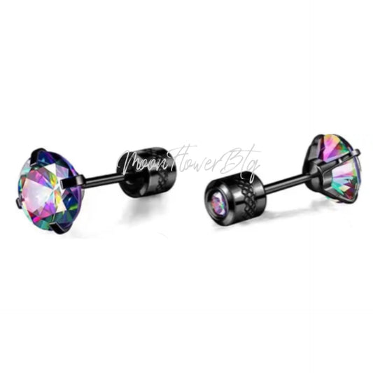 8mm Black Double Ended Rainbow CZ Earrings