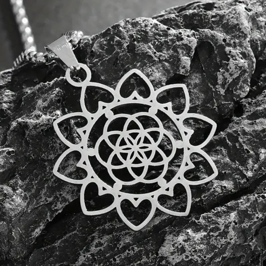 Silver Seed of Life Heart Mandala Pendant Necklace