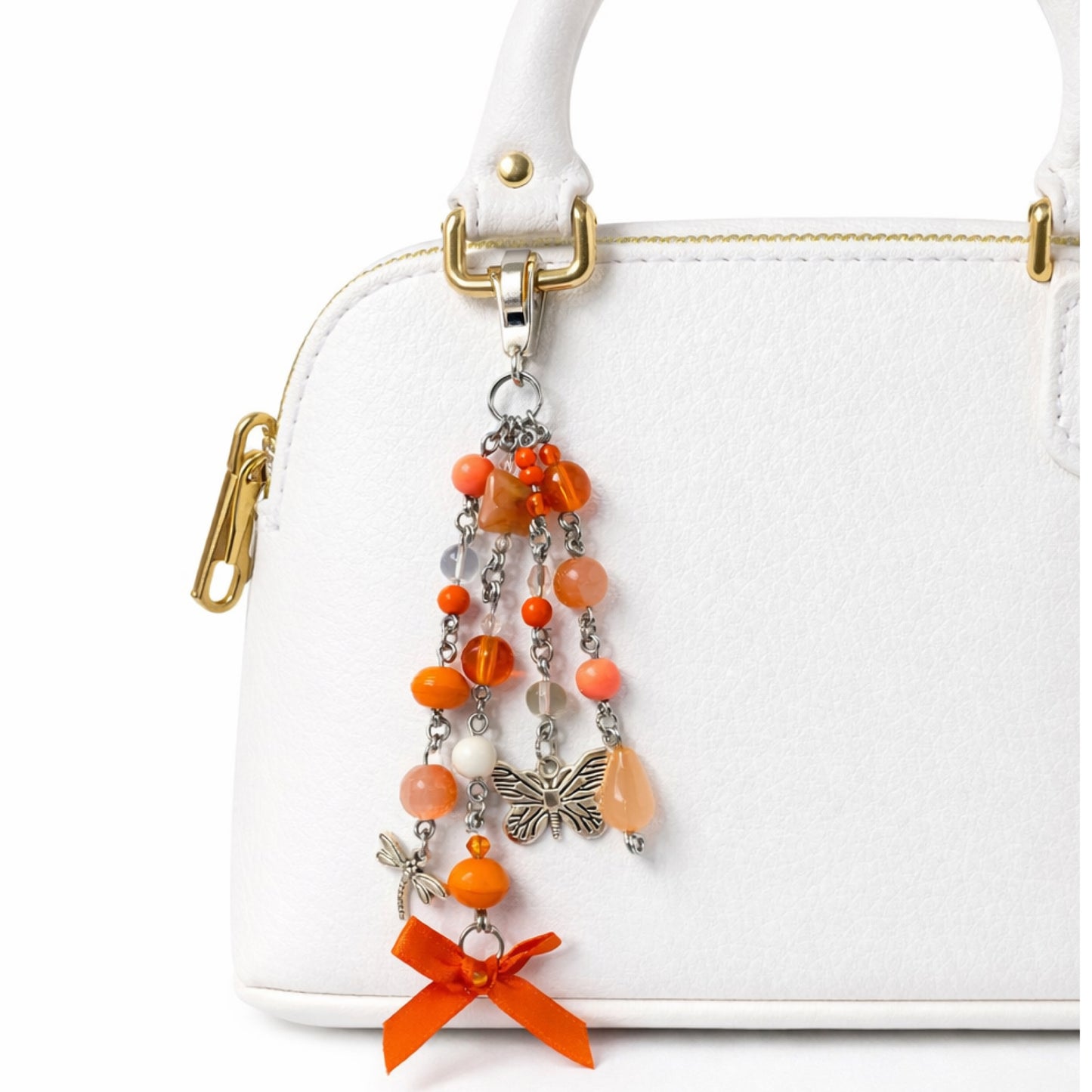 Orange Beaded Butterfly Dragonfly Charm - Keychain Bag Charm & Zipper Pull
