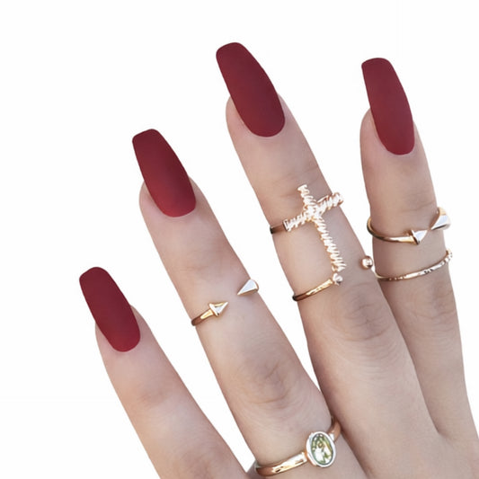 Deep Red Matte Coffin Press-On Nails – Burgundy Medium Length Fake Nail Set