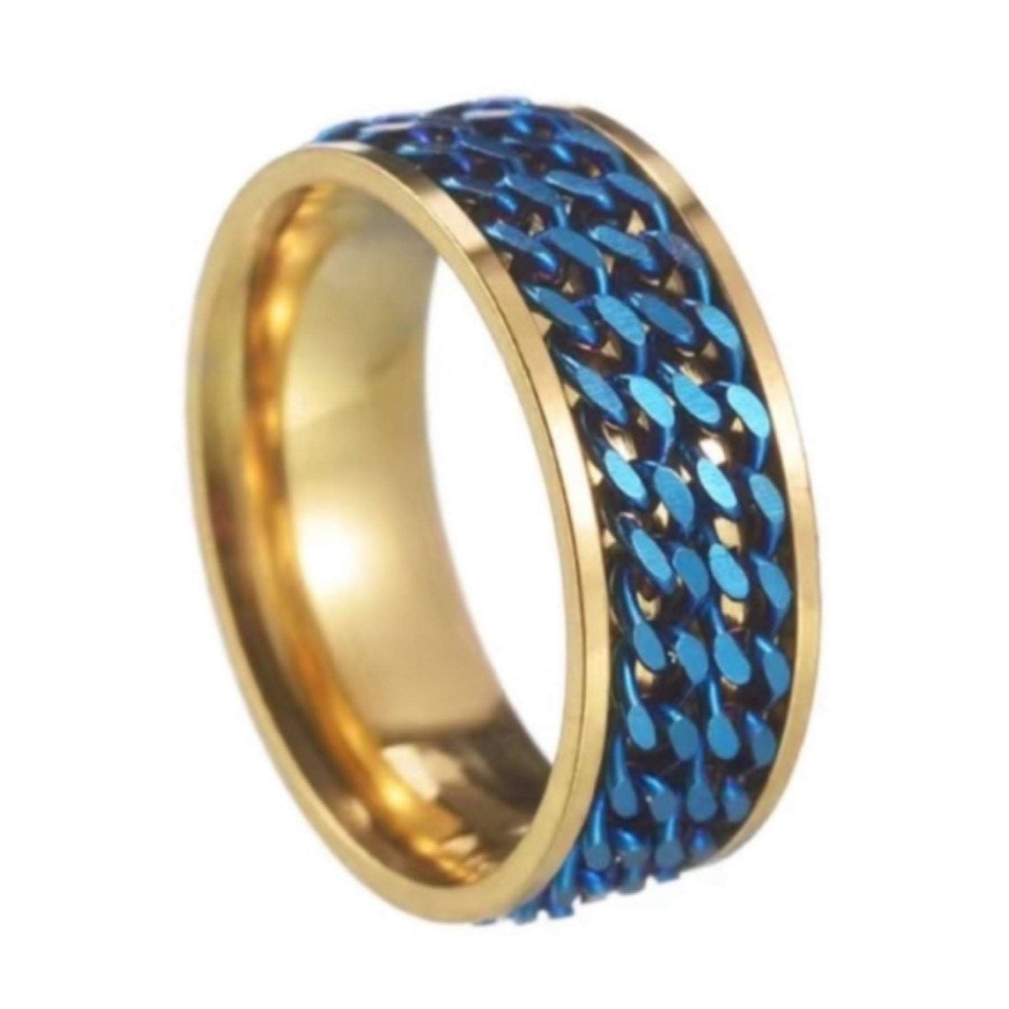 Gold Blue Double Chain Anxiety Fidget Spinner Ring