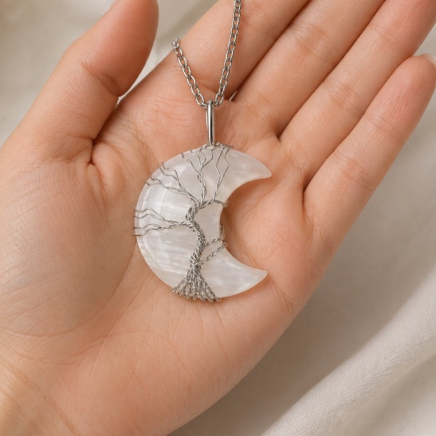 Moonstone Crescent Moon Tree of Life Necklace – 24” Chain
