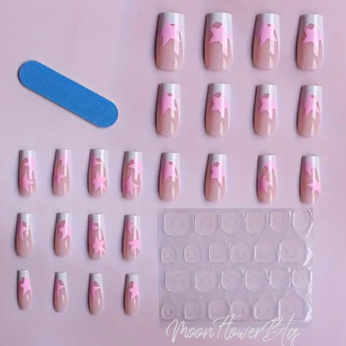 French Tip Pink Star Square Nails