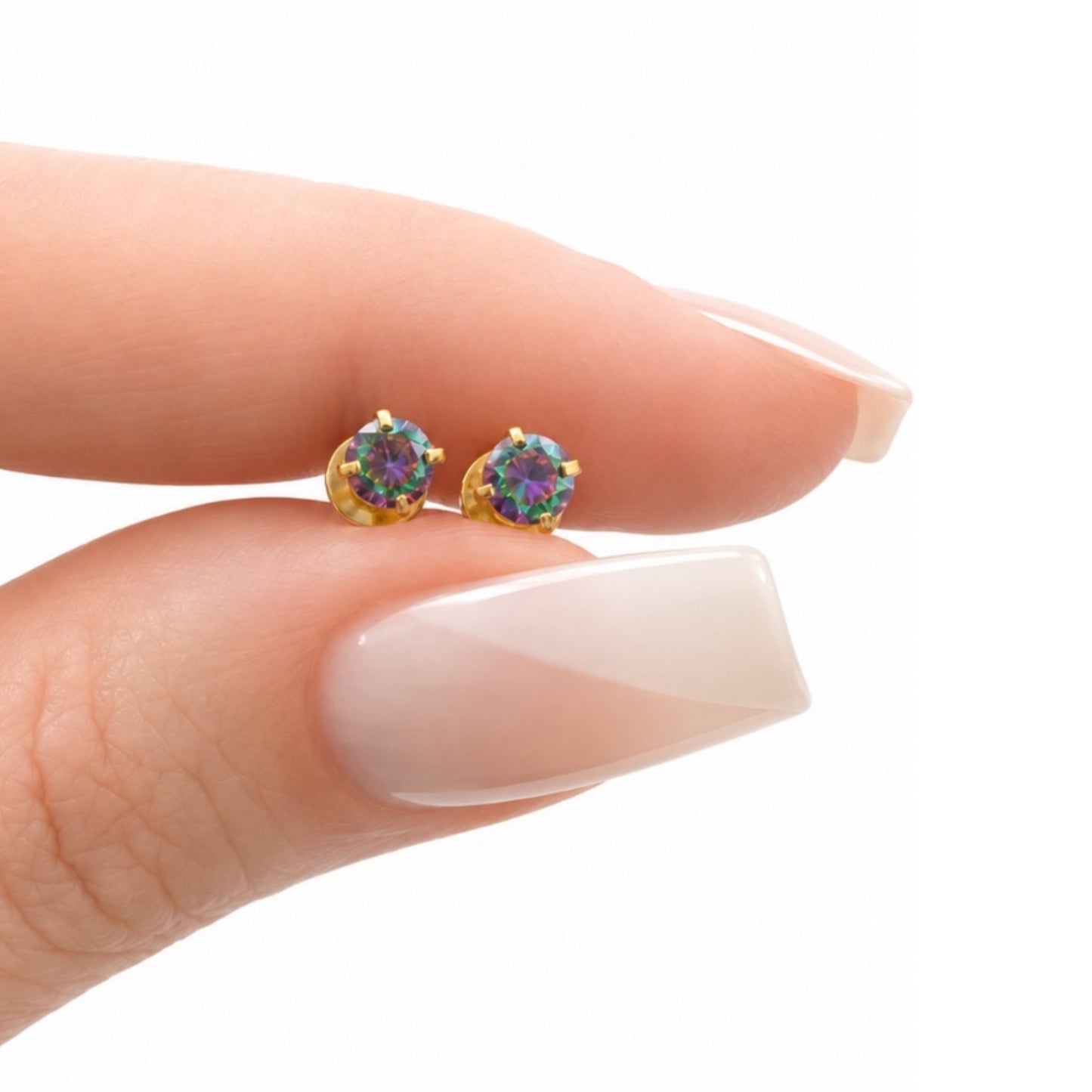 Gold Rainbow CZ Flat Back Stud Earrings