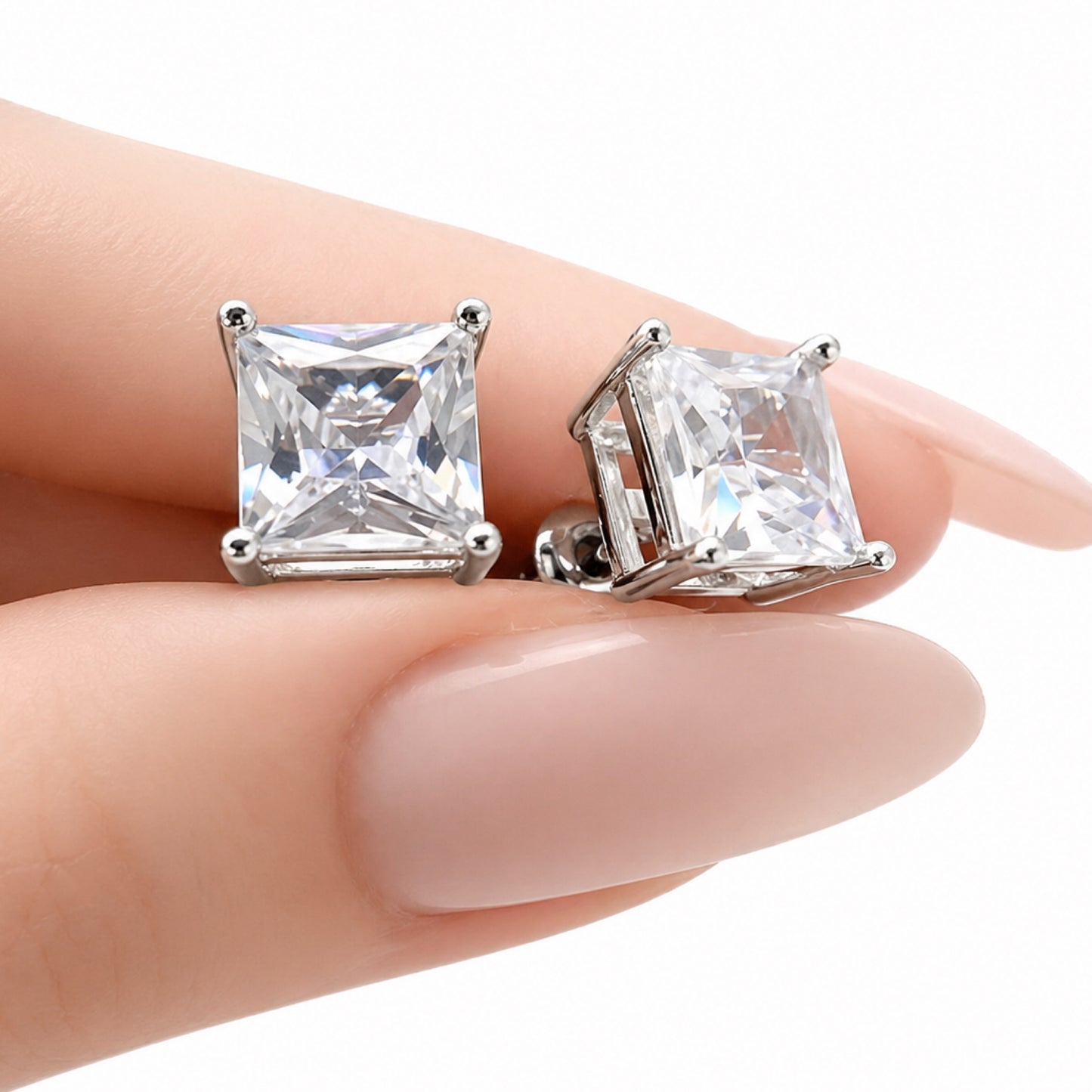 White Gold Plated Princess Cut CZ Stud Earrings