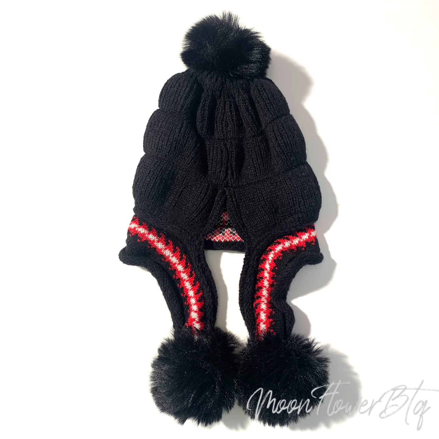 Black Winter Knit Pom Pom Beanie Hat