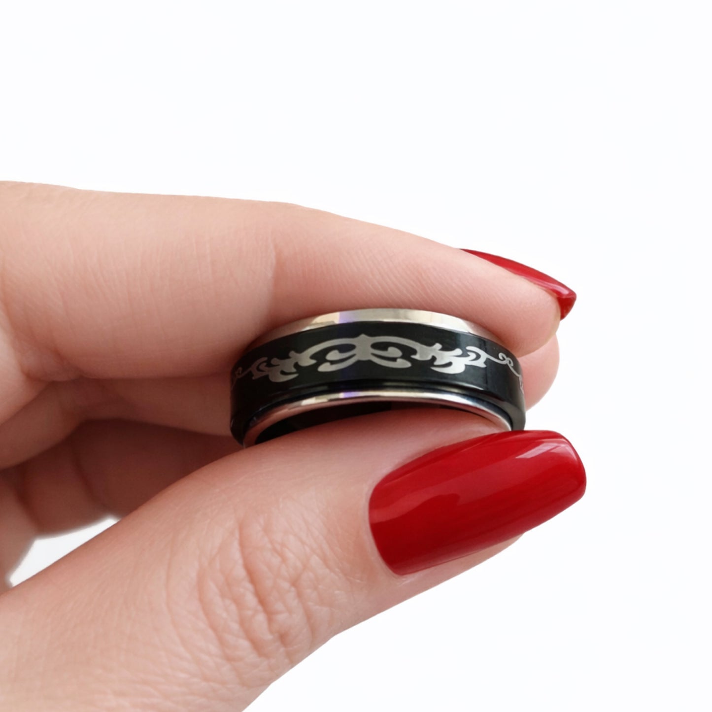 Black Tribal Spinner Ring – Stainless Steel Fidget Band