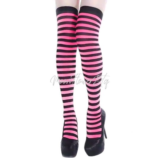 Black Pink Striped Over the Knee Thigh High Socks