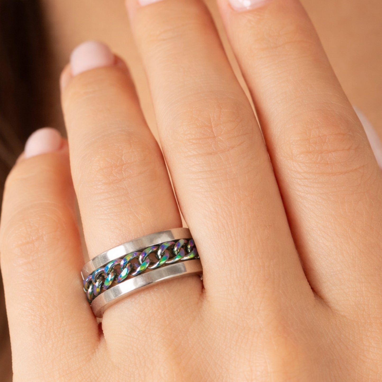 Rainbow Chain Spinner Ring – Stainless Steel Silver Band