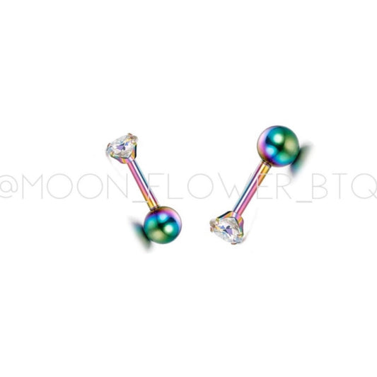 Very Tiny Rainbow CZ Barbell Earrings