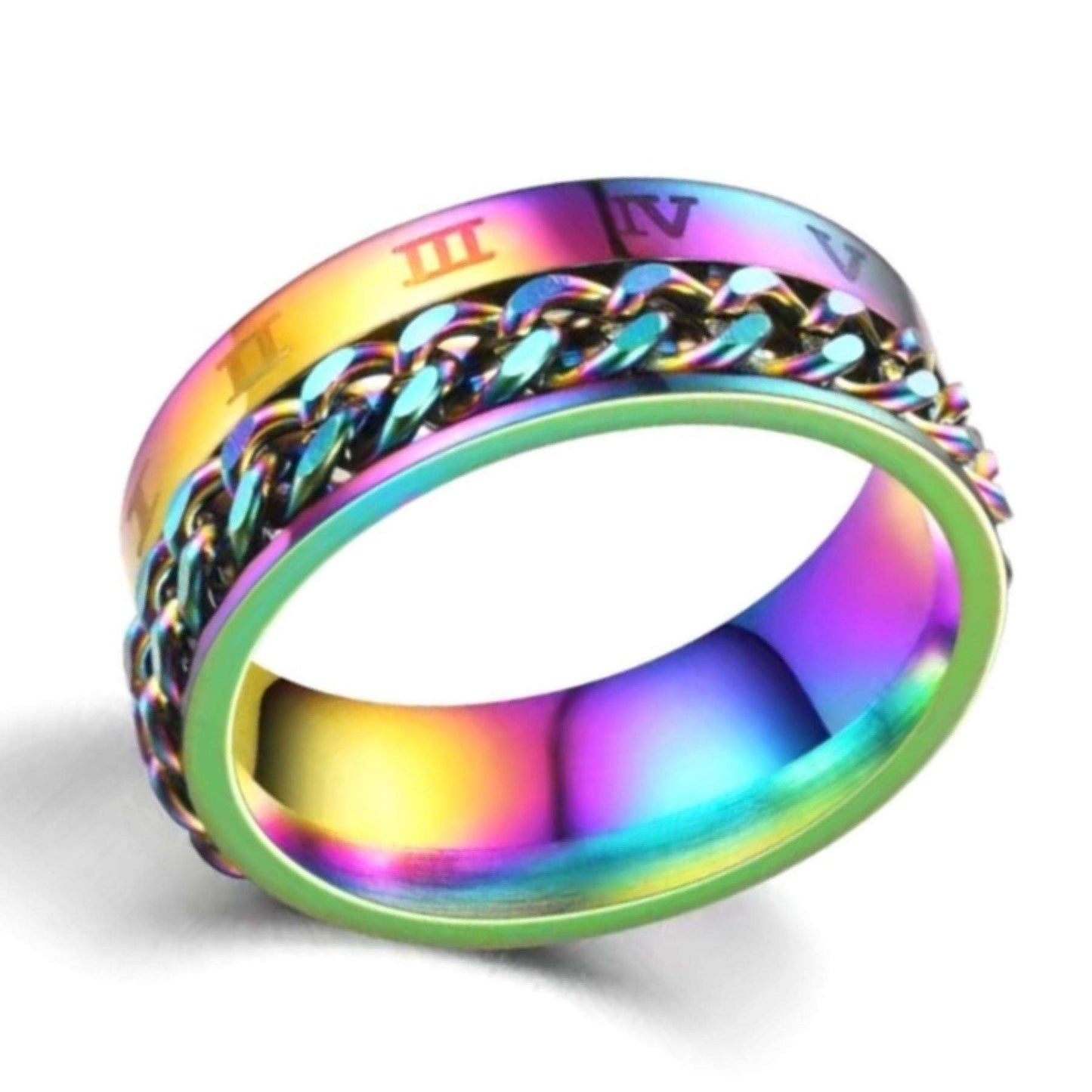 Rainbow Chain Roman Numeral Anxiety Fidget Spinner Ring