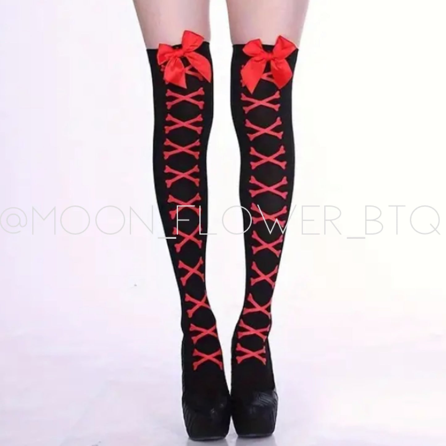 Black Red Lace Up Printed Thigh High Over the Knee Stockings