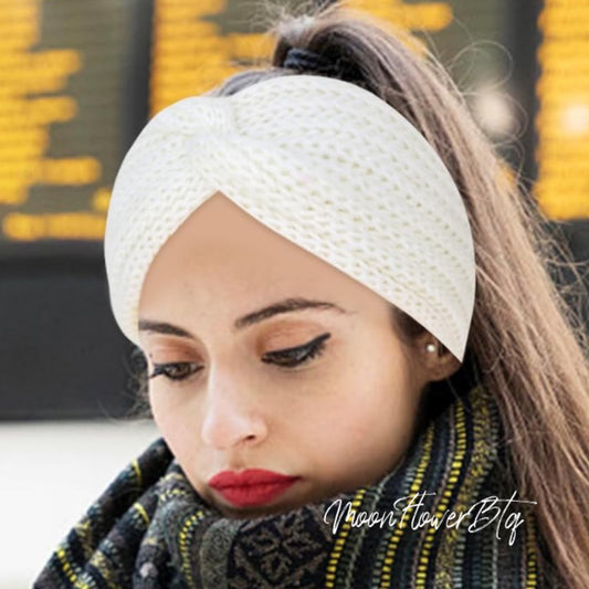 White Vegan Knit Twist Headband Ear Warmer