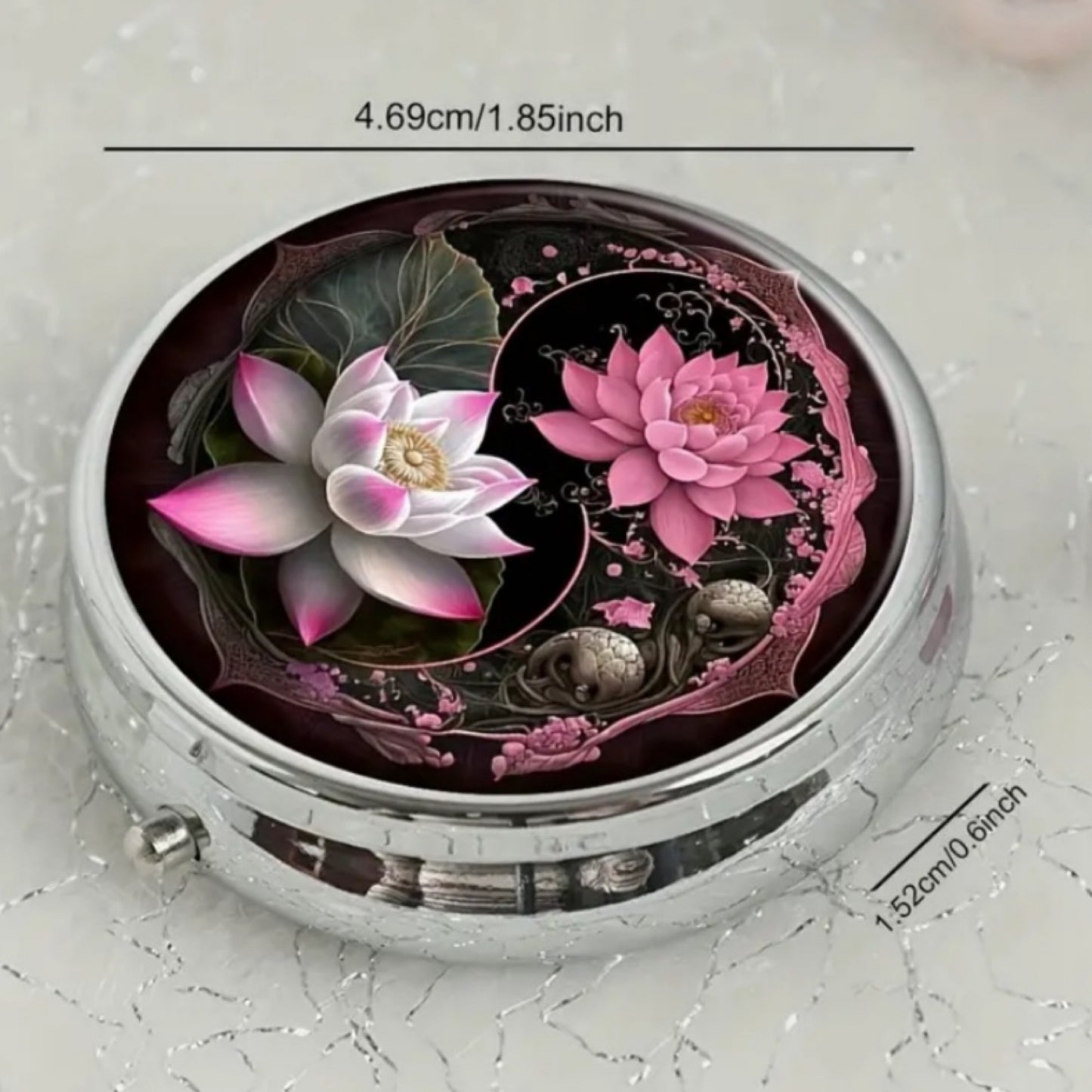 Pink Lotus Yin Yang Round Pill Box – 3 Compartment Silver Metal Case