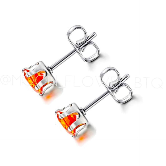 6mm Orange Red CZ Stud Earrings – Stainless Steel Hypoallergenic Post