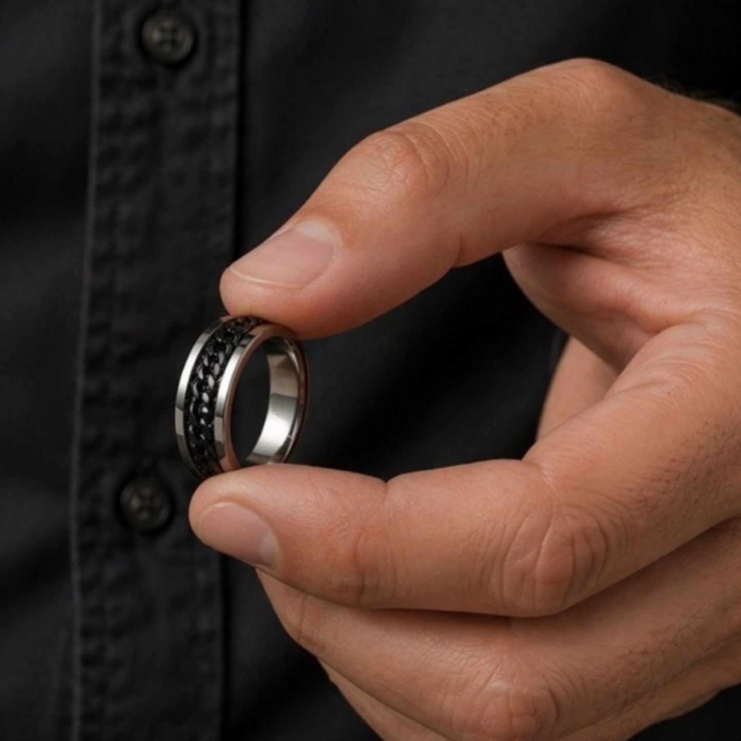 Stainless Steel Black Chain Spinner Ring