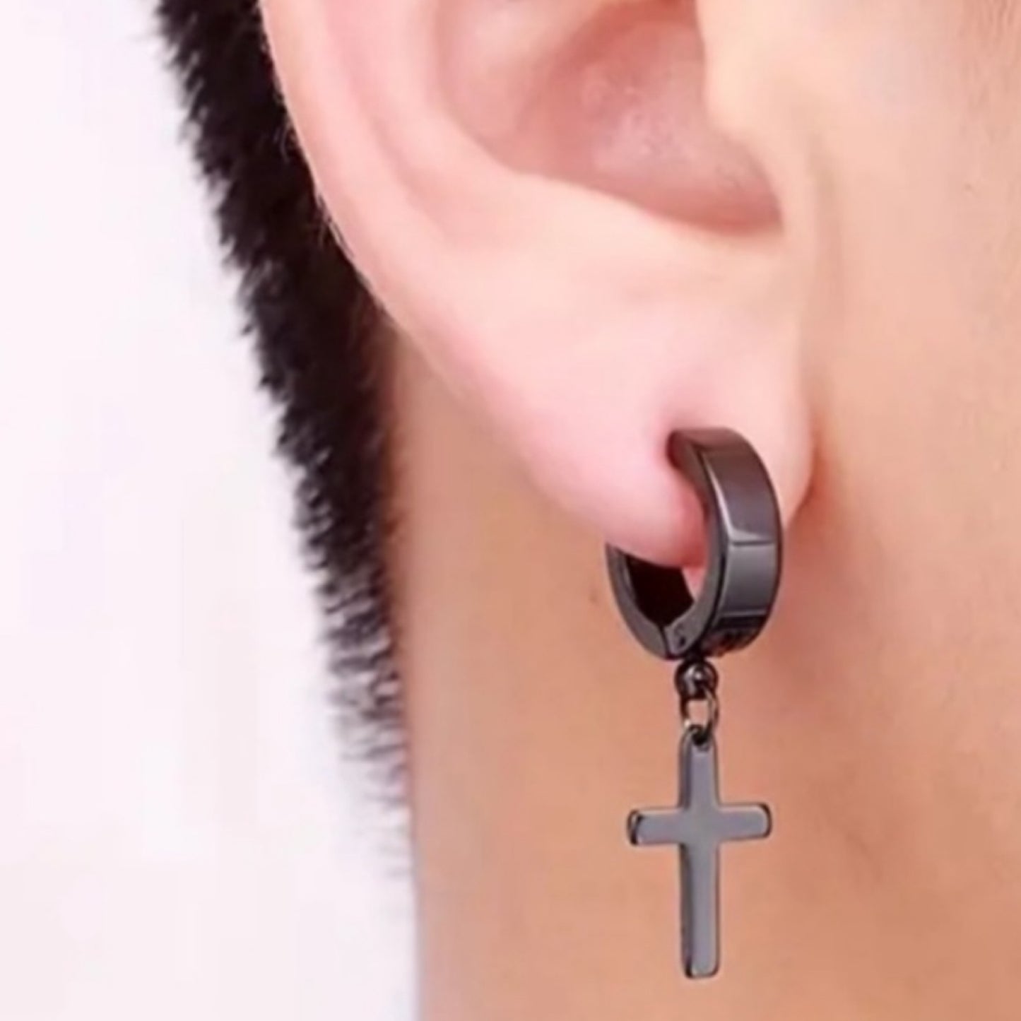 Black Cross Dangle Huggie Hoop Earrings – 20G 8mm