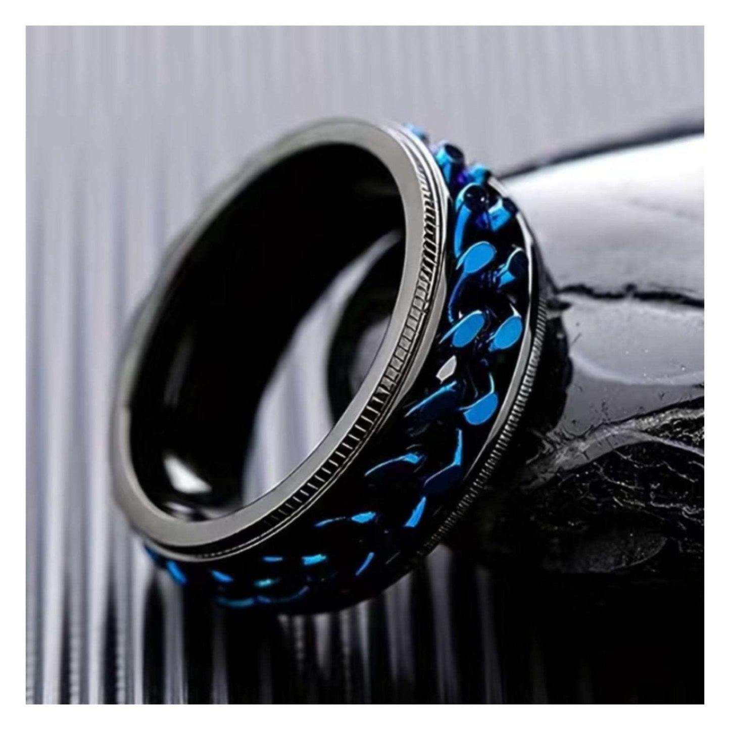 Black Blue Chain Anxiety Fidget Spinner Ring