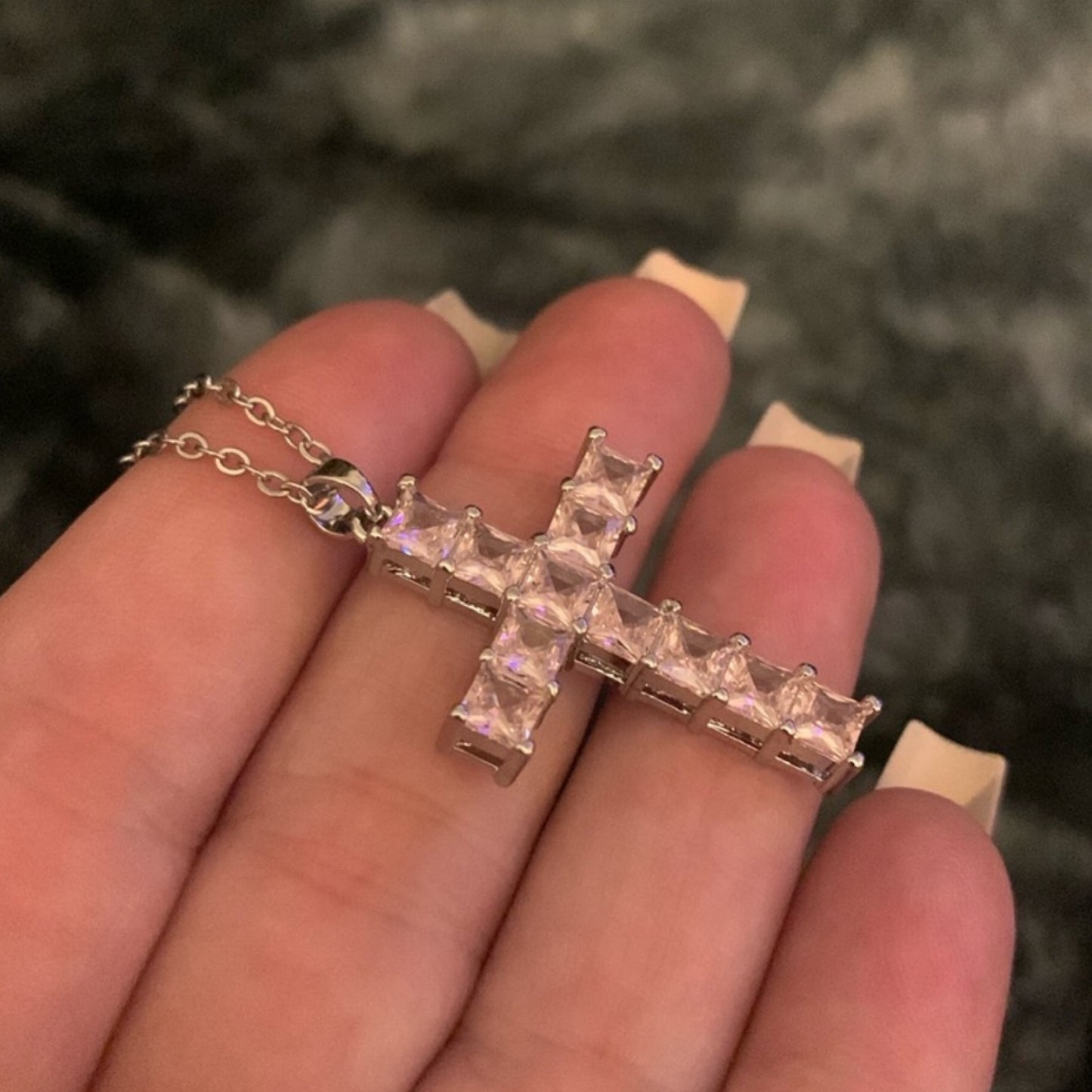 Silver Pink CZ Covered Cross Necklace