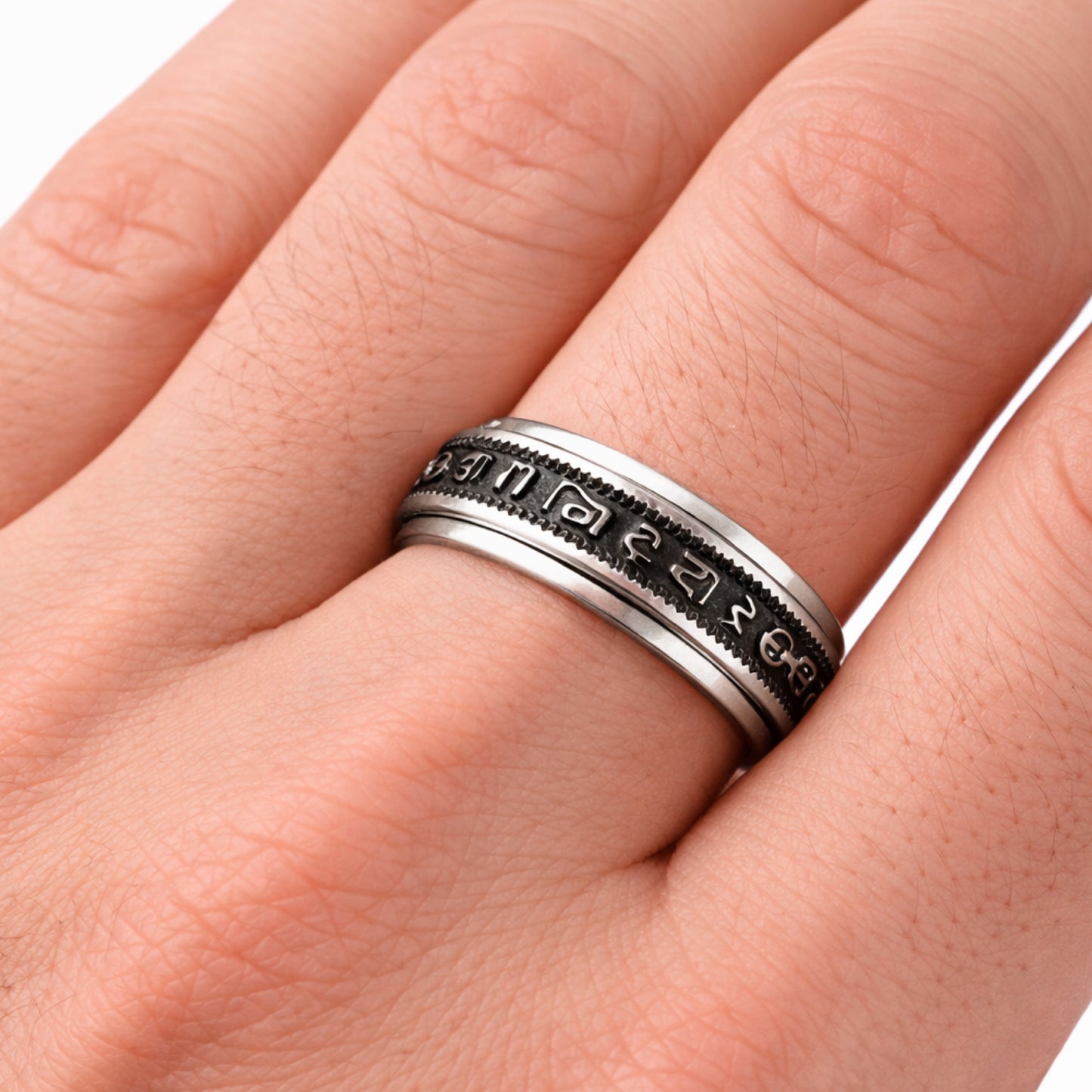 Stainless Steel Symbol Script Spinner Ring