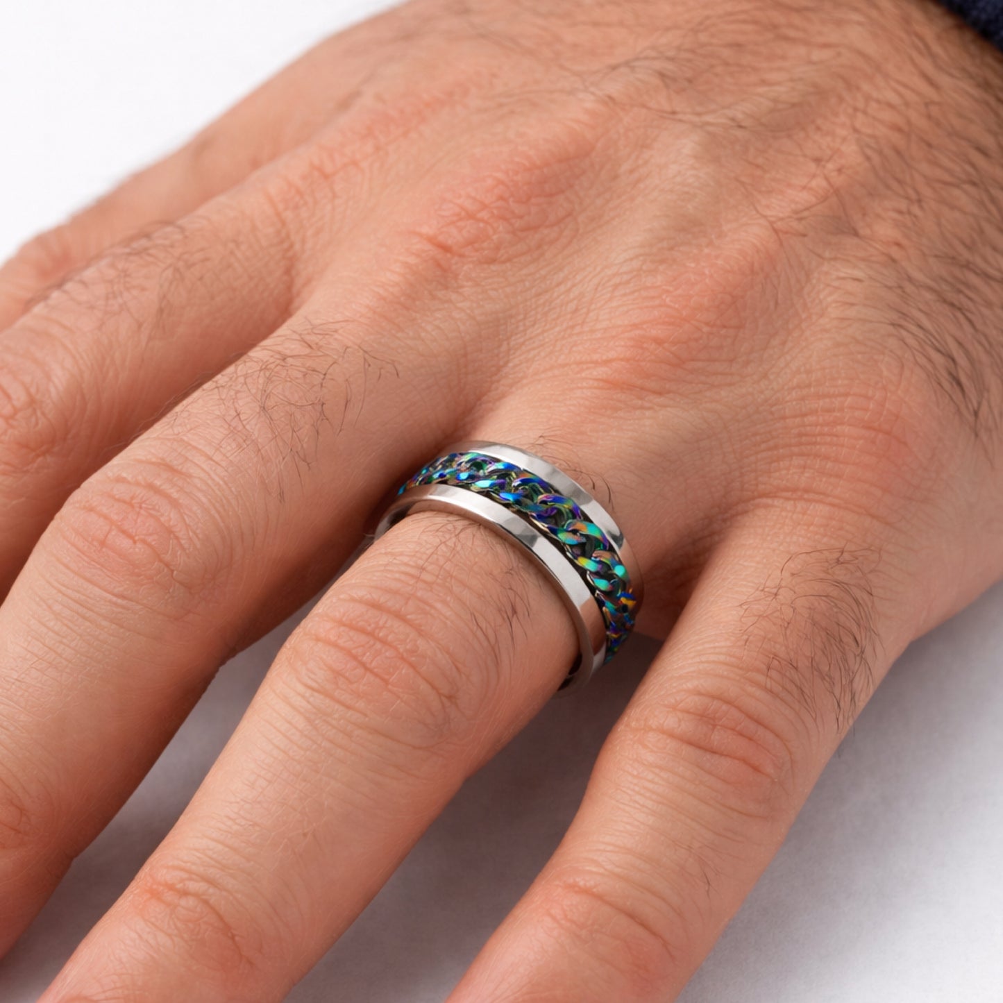 Rainbow Chain Spinner Ring – Stainless Steel Silver Band
