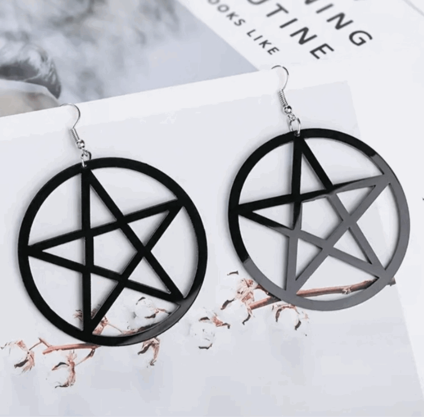 Black Dangly Pentagram Hoop Earrings