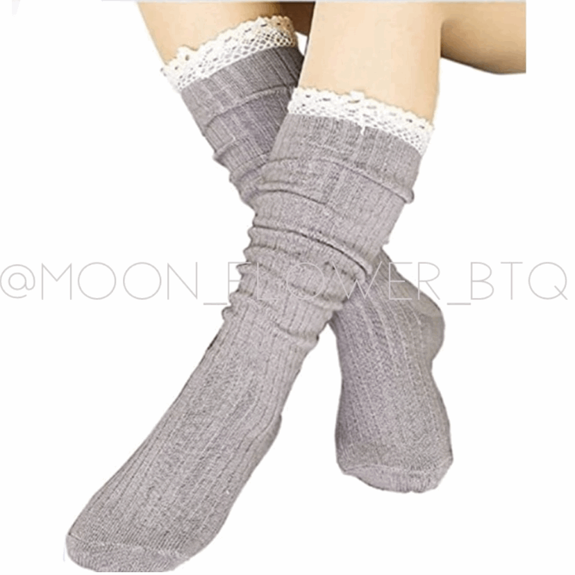 Gray Lace Trim Knit Over the Knee Socks