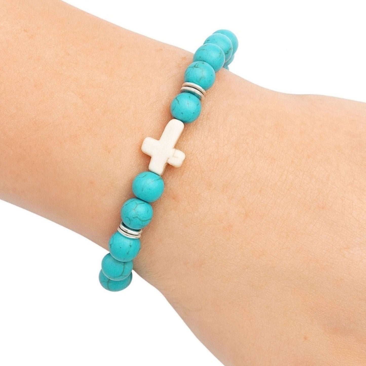 Turquoise Beaded Cross Bracelet – Stretch Elastic Stackable Unisex Jewelry