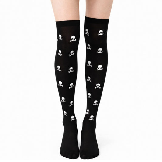 Black Skull Over the Knee Stockings – Goth Sheer Thigh High Socks