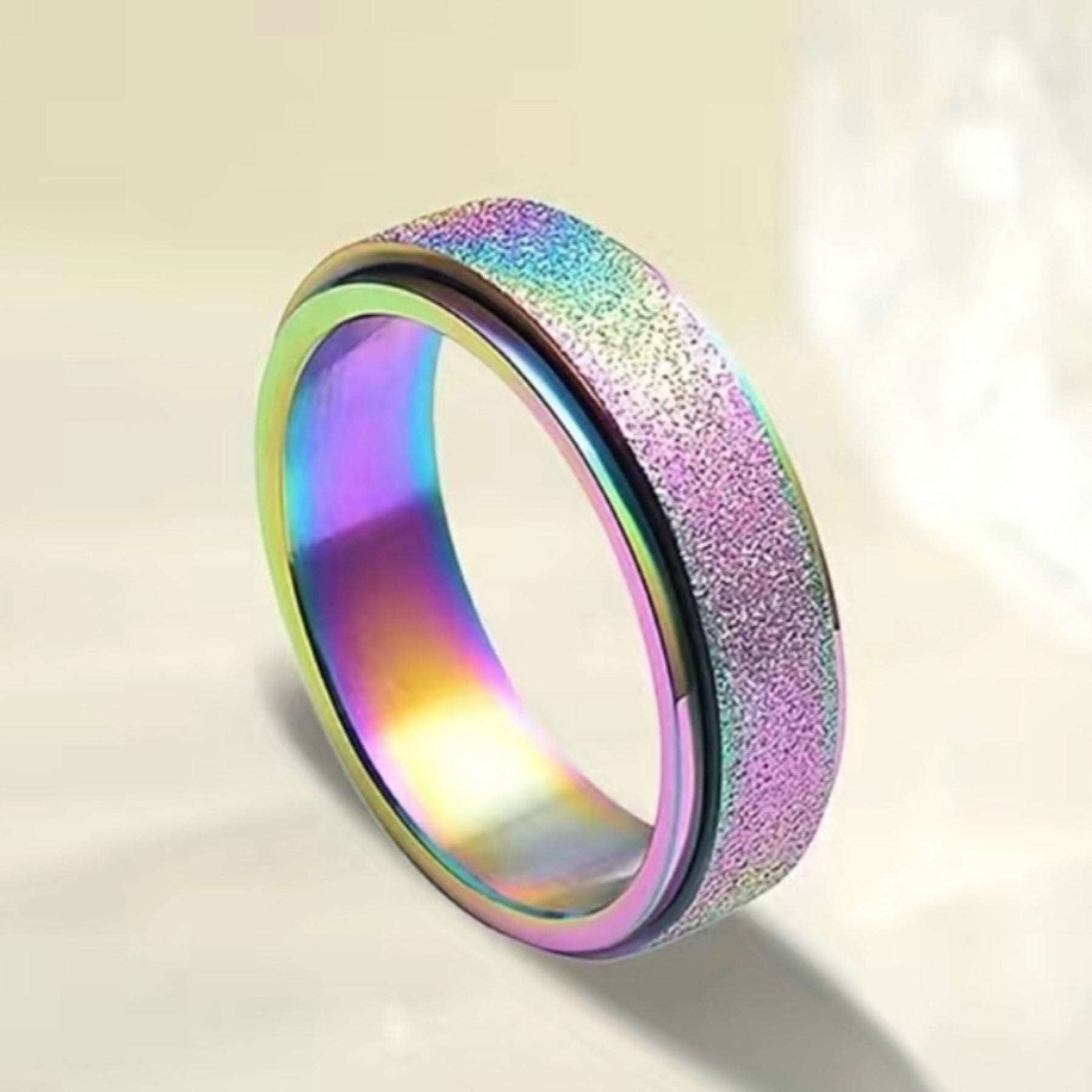 Sparkly Rainbow Silver Anxiety Fidget Spinner Ring